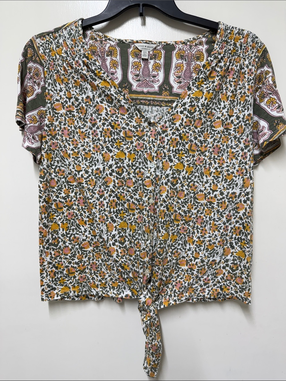 Lucky Brand Floral Tie-Front V-Neck Top - Olive, Mustard & Blush